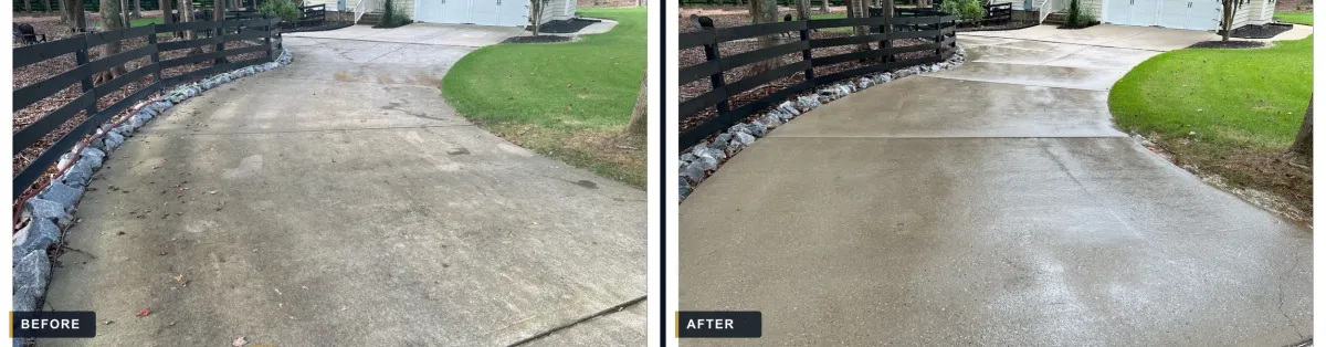 Driveway before and after concrete cleaning in Houston, TX