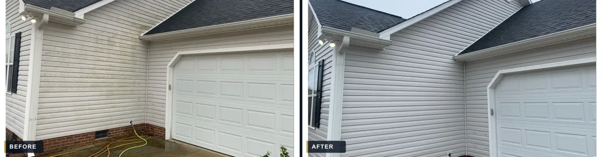 Home exterior and garage before and after soft washing